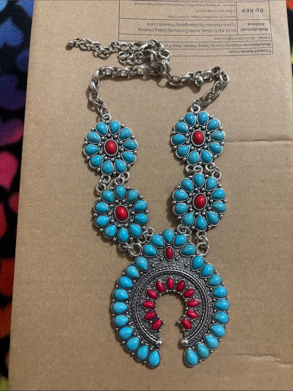 Turquoise and Red Floral Statement Necklace - Women Jewelry